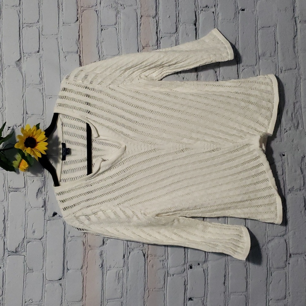 Nautica White V-neck Open-weave Diagonal Pattern Sweater Sz L